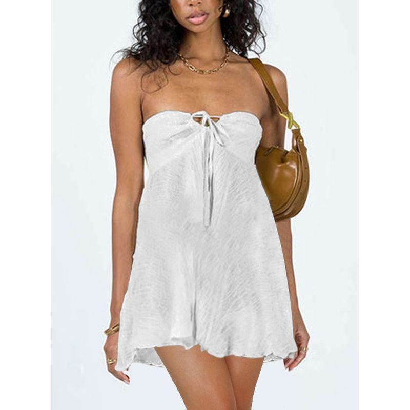 Graceful Personality Women's Clothing European American Summer New Fashion Tube Top Sexy Open Back Pure Color High Waist Dress