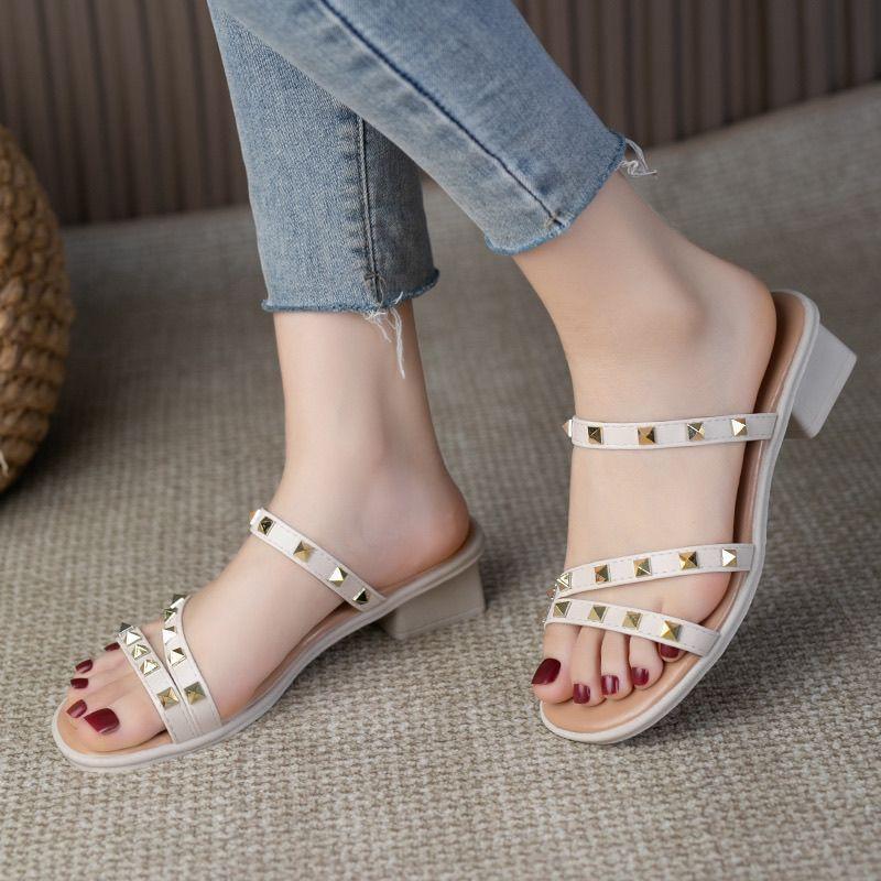 Sandals thick high heels women's shoes summer seaside 2025 rivets one-word outer wear fashion women's middle heel