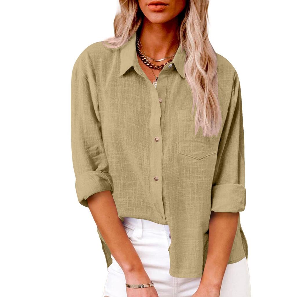 Women's Collar Long Sleeve Shirt Loose Fit Solid Color Linen Cotton Pocket Commuter Blouse