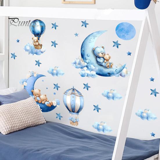 Non Fading PVC Wall Stickers 2Pcs Starry Sky Bear Stickers, Cartoon Moon Hot Air Balloon Decals, Versatile Decals for Glass Blue Peel And Stick