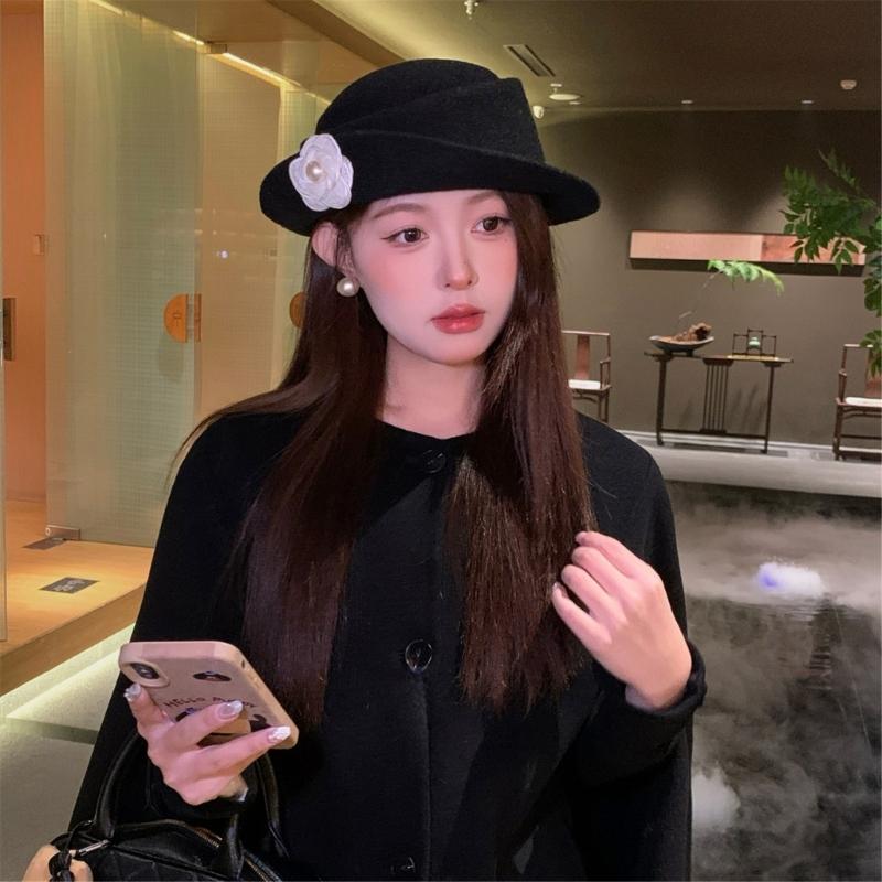 Stylish Fisherman Hat with Camellia Flower Accent Fashion Winter Accessory for Elegant Style Soft Cotton Fabric Hat