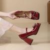 Fashion Women Pumps Platform High Heels Wedding Shoes Patent Leather Red Mary Jane Shoes Bow Buckle Strap Square Toe Chunky Heeled Shoe