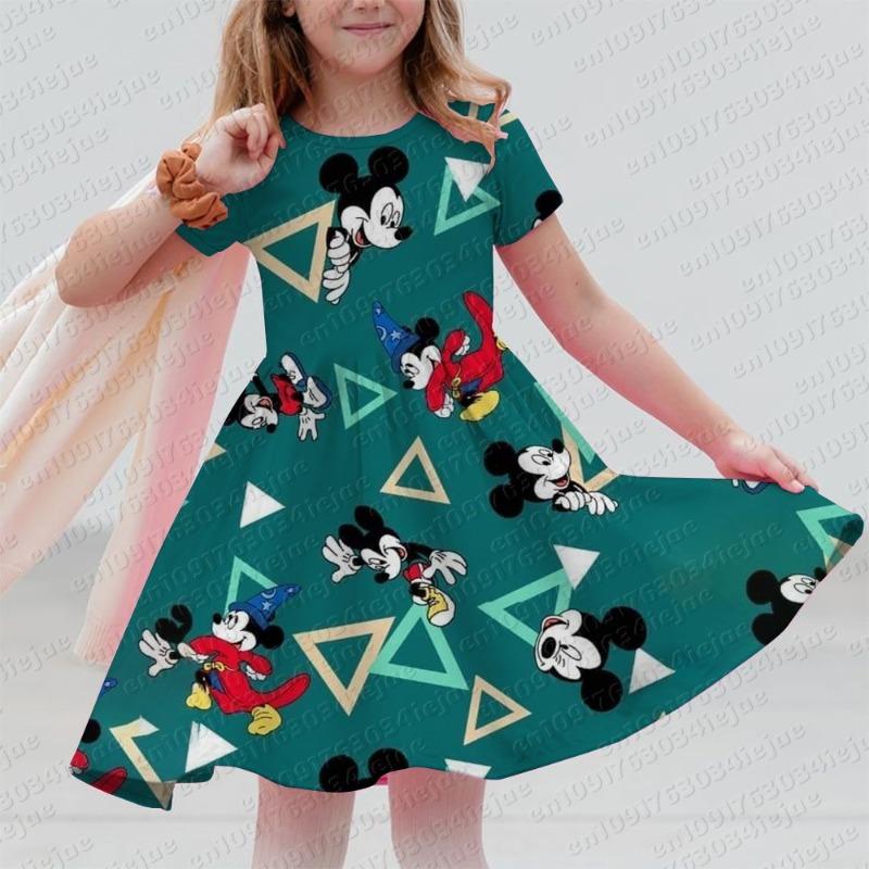 Disney Mickey Mouse Minnie Print Summer Dress Kids Girl Clothes Sweet Desserts Short Sleeve Casua Fashion Birthday Girl Dress
