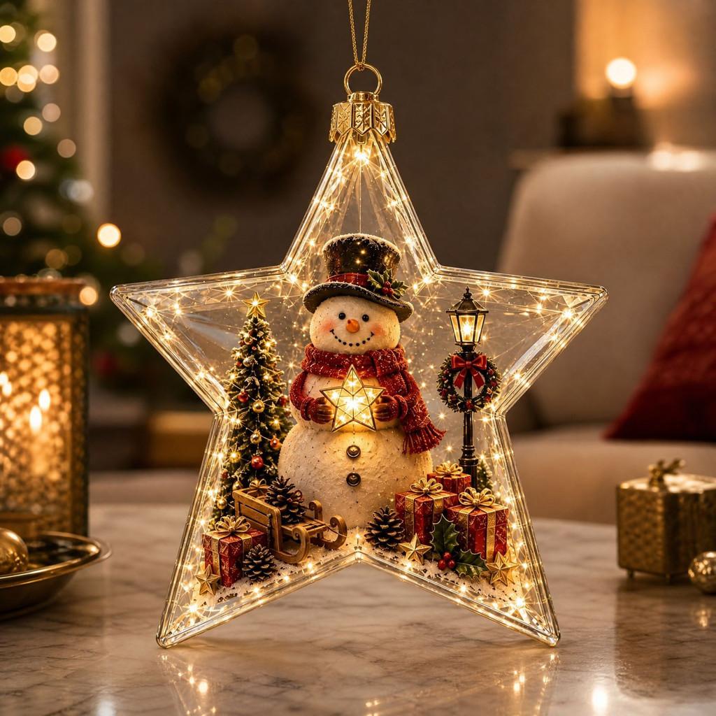 Christmas Creative Lighted Star Acrylic Garland With Snowman Decor For Home Festivities