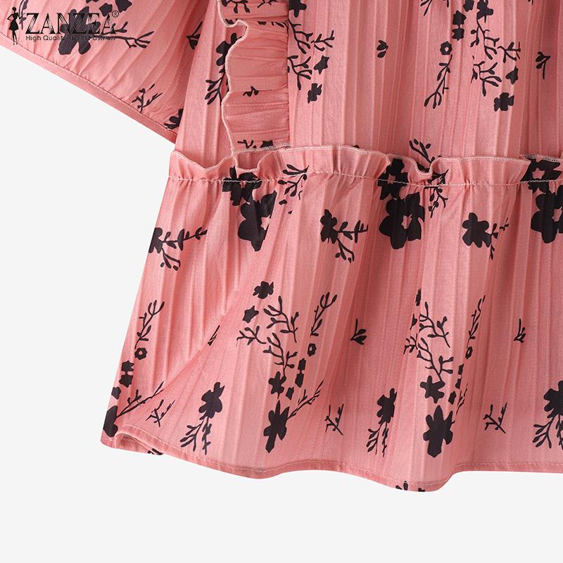 ZANZEA Women Summer Floral Print Casual Short Sleeve Ruffles Blouse