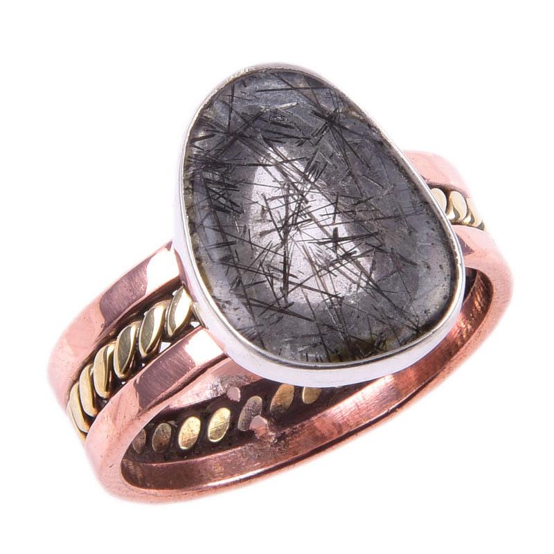 Natural Black Rutile Gemstone 925 Sterling Silver Two Tone Ring Size 8.5 C4u43