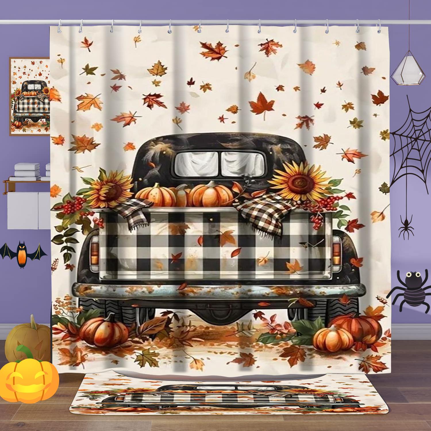 

Harvest Thanksgiving Maples Pumpkin Pattern Bathroom Shower Curtain With 12 Hooks Bathroom Decor And Accessories 180x180cm curtain фіолетовий