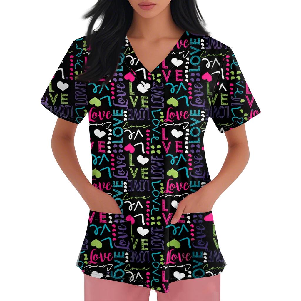 Women's V-neck Cartoon Printed Short-sleeved Pocket Side-slit Protective Suit Top
