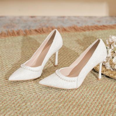 High Heels Women's New Pearl Lace High Heels Womens Thin Heels Pointed Bridesmaids Solid Color Large Size Wedding Shoes