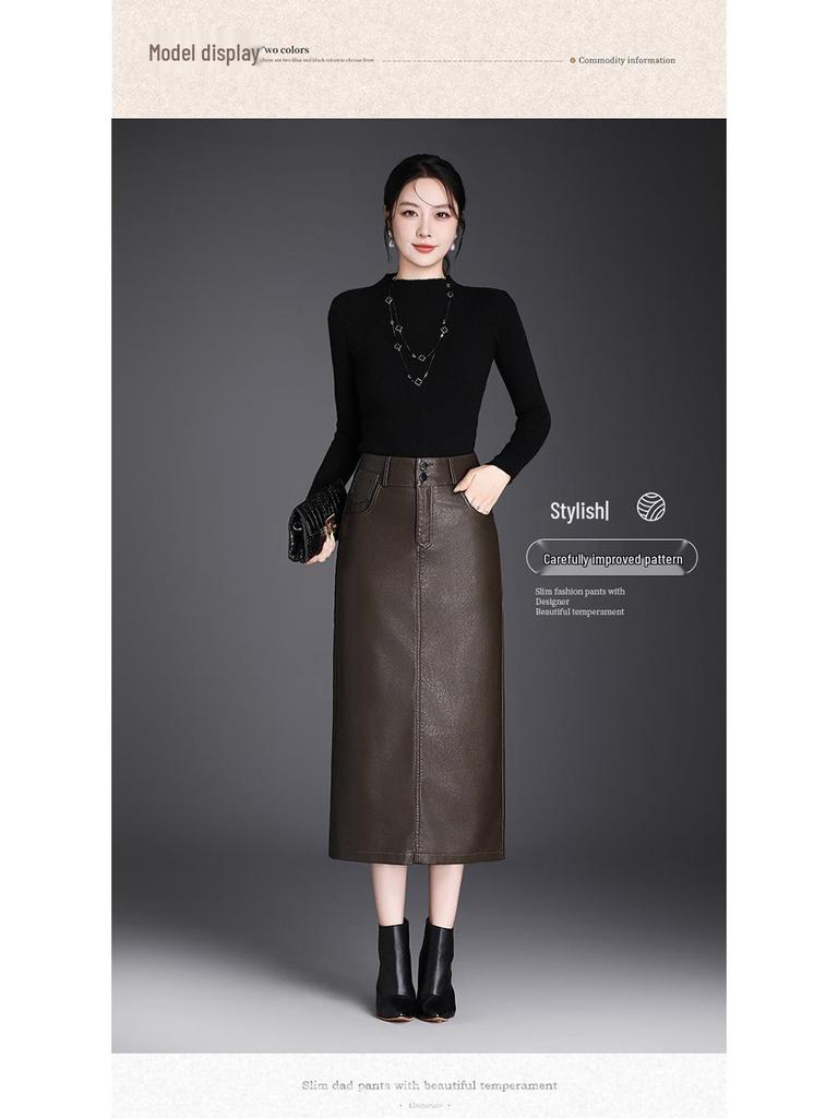 Ołówkowa Spódnica z PU Skóry z Kieszeniami, Wysoki Stan, Kolekcja Jesień/Zima 2025, Krój Prosty, Dopasowana.