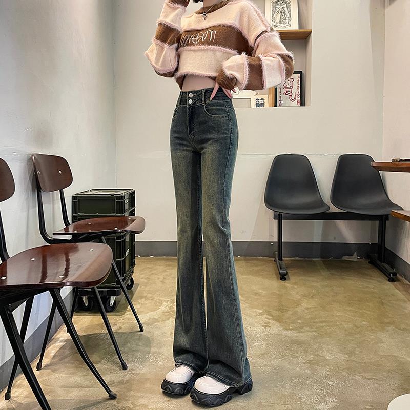 Cement Gray High-Waist Elastic Flared Jeans for Women - Petite Slim Fit, Spring/Autumn 2024