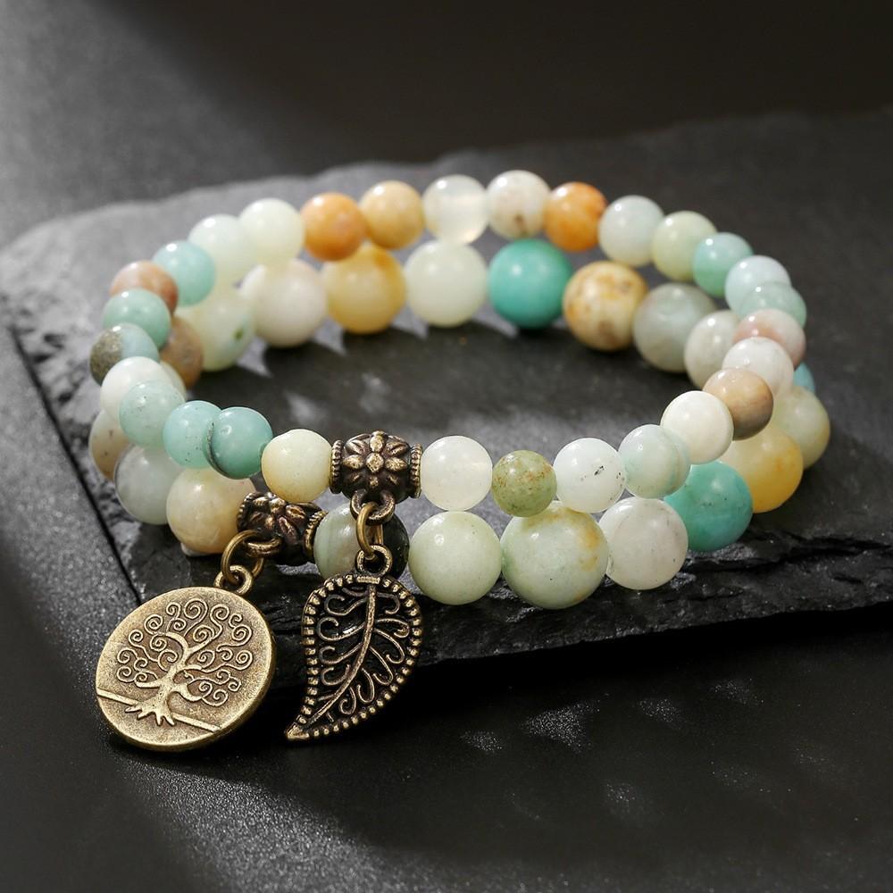 Turquoise Bracelet Tree of Life Pendant Bracelet 8mm White Turquoise Bracelet Two-piece Set