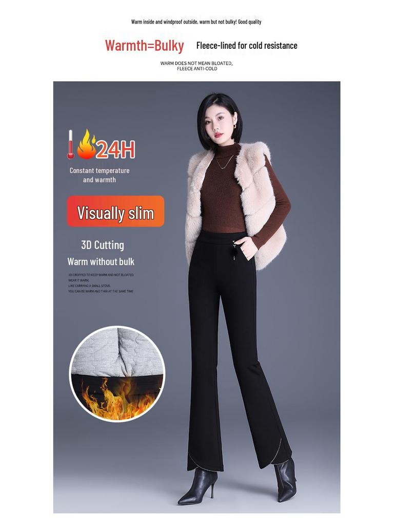 Women's Black Silk Cotton High-Waist Winter Pants - Slimming, Warm, Thickened, Korean-Style, Versatile, Stylish, Slightly Flared.