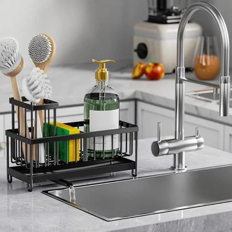 New Space Saving Kitchen Sink Rack Rustproof Self-Draining Sink Organizers Detachable with Dividers Sponge Holder Kitchen Use