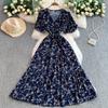 French Sexy Floral V-Neck Short Sleeve Lace-Up Waist Slim Pleated Long Dress