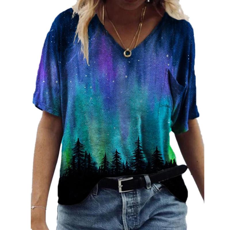 Loose V-neck Short Sleeved Summer Youth Women's 3D Printed T-shirt