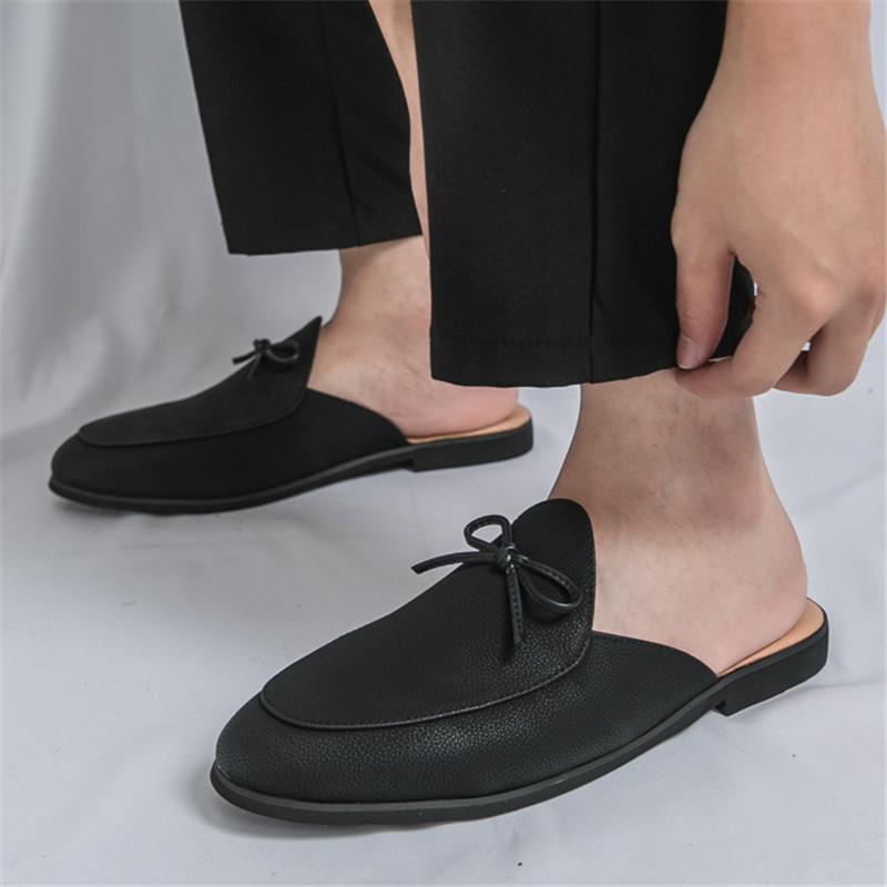 Fashion Designer New Men's Black Bowknot Half Slippers Driving Shoes Casual Pu Leather Mules Moccasins Breathable Loafers Zapatos Hombre