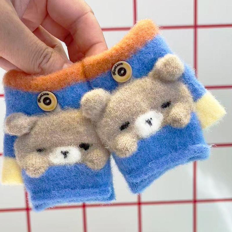 Baby Gloves Winter Children's Cute Cartoon Half Finger Flip Dual-purpose Boys and Girls Thickened Warm Knitted Gloves