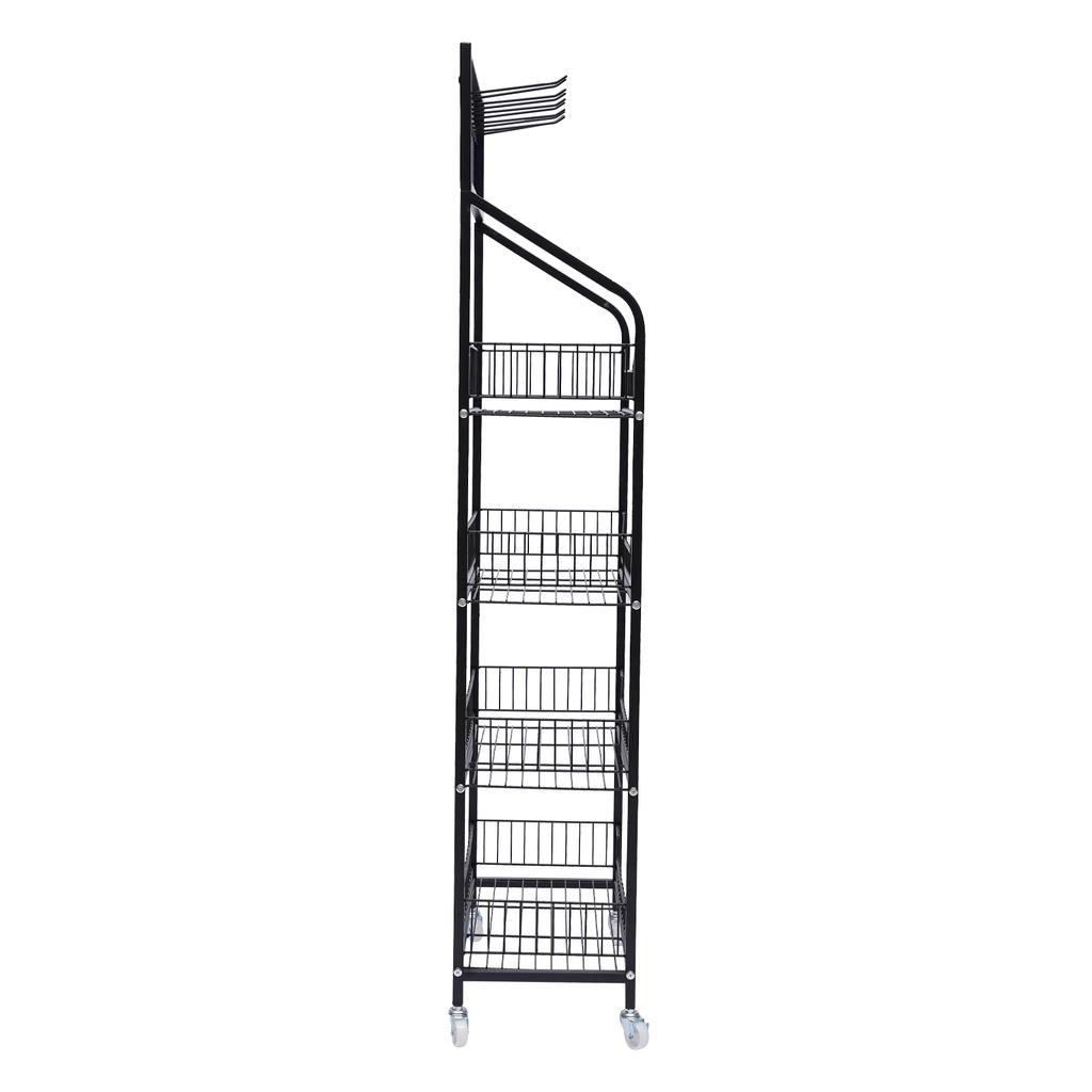 Four-tier Rolling Retail Display Rack, Metal Wire Storage Basket Stand with Pegboard and Hooks, Suitable for Bedroom and Kitchen