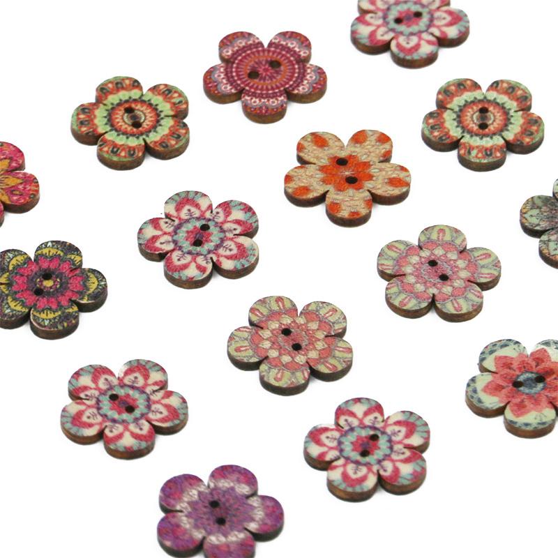 (50pcs/pack) 2cm 2-hole Plum Blossom Button Retro Wooden Button Sewing Accessories Color Printing Home Decoration