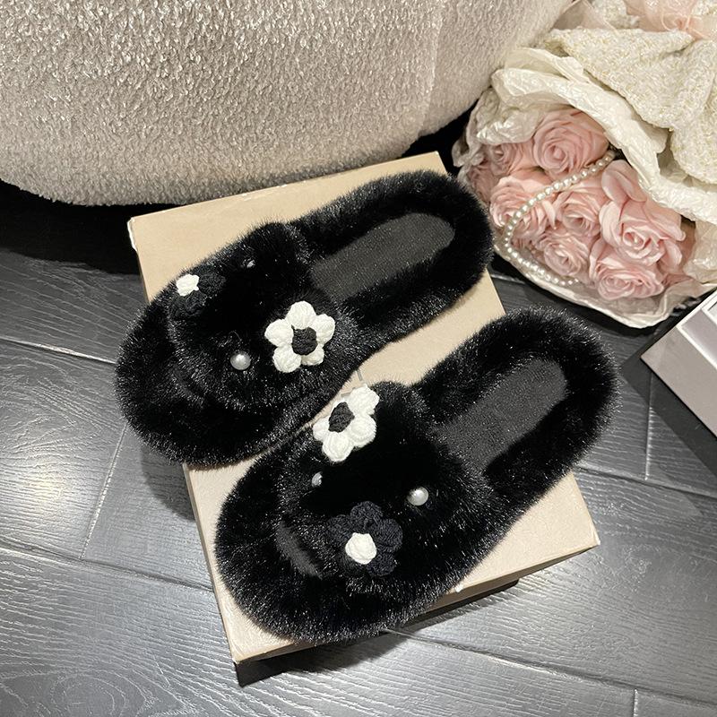Cute Flower Korean Version of the New Mao Mao Slippers Women Wear Platform Trendy Shoes Autumn and Winter Warm Household Cotton Slippers