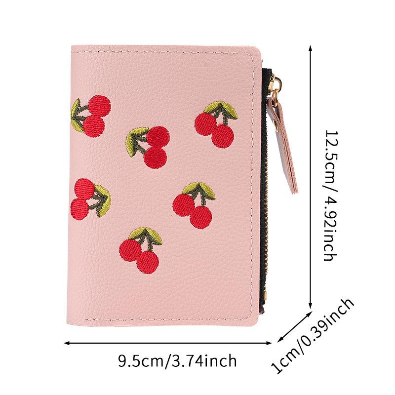 Cute Cherry Embroidered Small Short Wallet Simple Wallet Girls Multi-Cards Holder Coin Zipper Purse for Women
