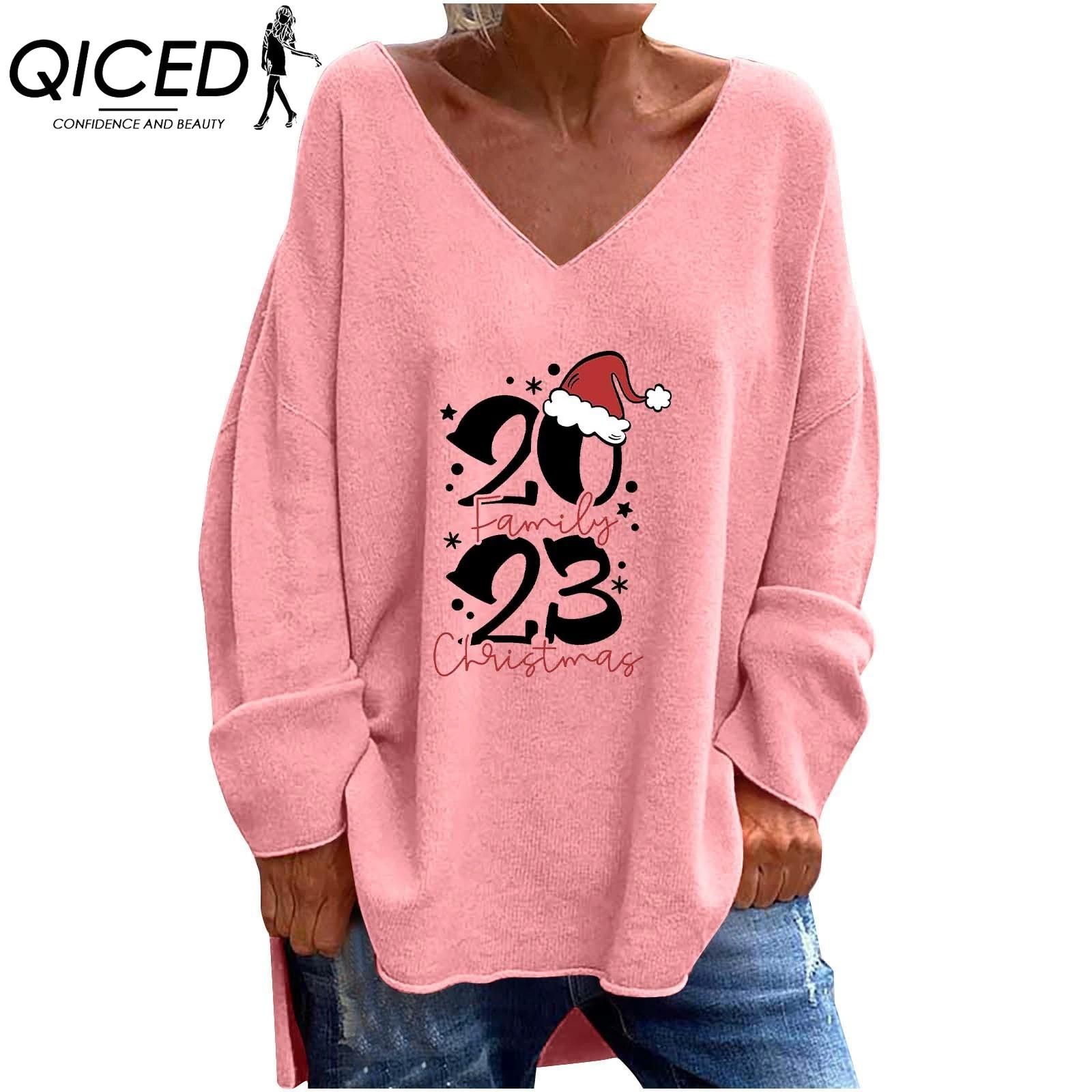 

QICED Жіноча однотонна однотонна футболка з V-подібним вирізом і довгими рукавами осінь-зима, вільна повсякденна зручна футболка XXL