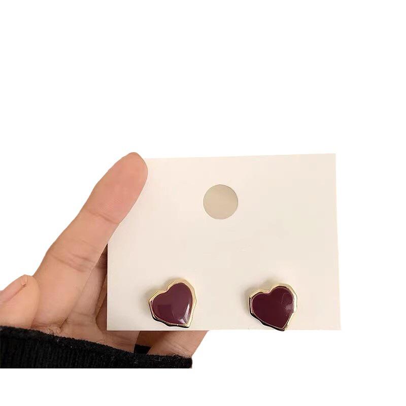Korean Style S925 Silver Needle Wine Red Heart Stud Earrings - High-End, Versatile, Women's Simple Design with Drip Oil.