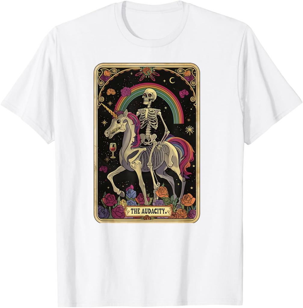 Skelett auf Einhorn reitend Tarot Die Kühnheit Grafik T-Shirt Lässiges Kurzarm Baumwoll-T-Shirt