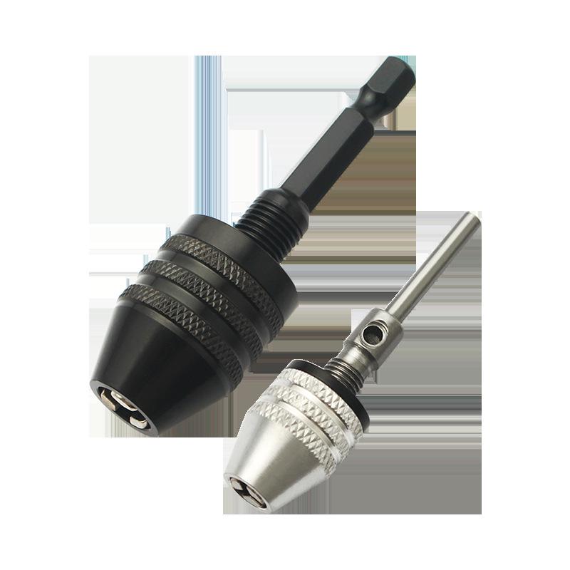 Quick-Change Mini Electric Drill with Three-Jaw Chuck, Hex Extension Rod, and Twist Drill Bit Adapter.