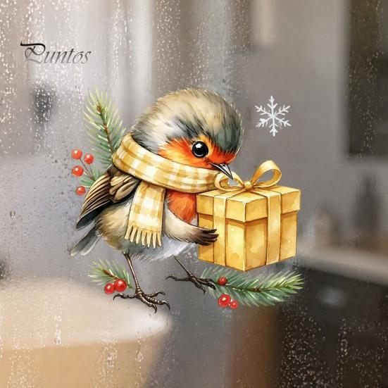Creative Gift Ideas Christmas Bird Static Window Sticker, Cute Watercolor Glass Stickers with Pine Branch, PVC Waterproof Art Clings for Holiday