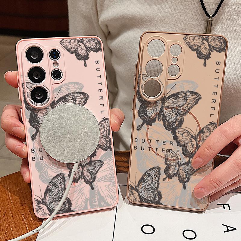 Magnetic For Magsafe Case For Samsung Galaxy S26 Ultra S25 Edge S24 Plus S23 FE S22 A54 A55 A56 5G Retro Butterfly Print Matte Cover