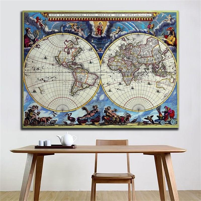 Vintage World Map Canvas Wall Art Retro Double Hemisphere Poster Print for Living Room Office Study Home Decoration Frameless