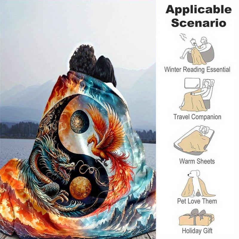 1pc Dragon and Phoenix in Cosmic Balance Blanket Seasonal Universal Home Decorative, Living Room, Travel, Camping, Car Blankets