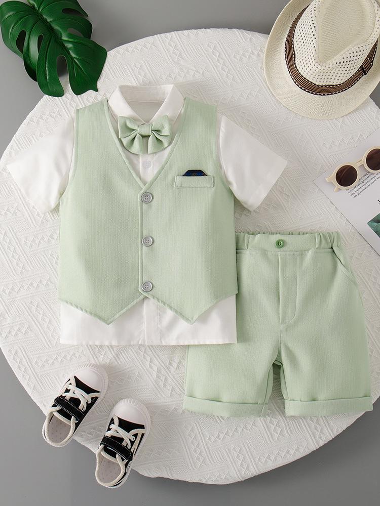 Baby Boys' Summer Gentleman Three-Piece Outfit: Short Sleeve, Shorts, and Vest Set