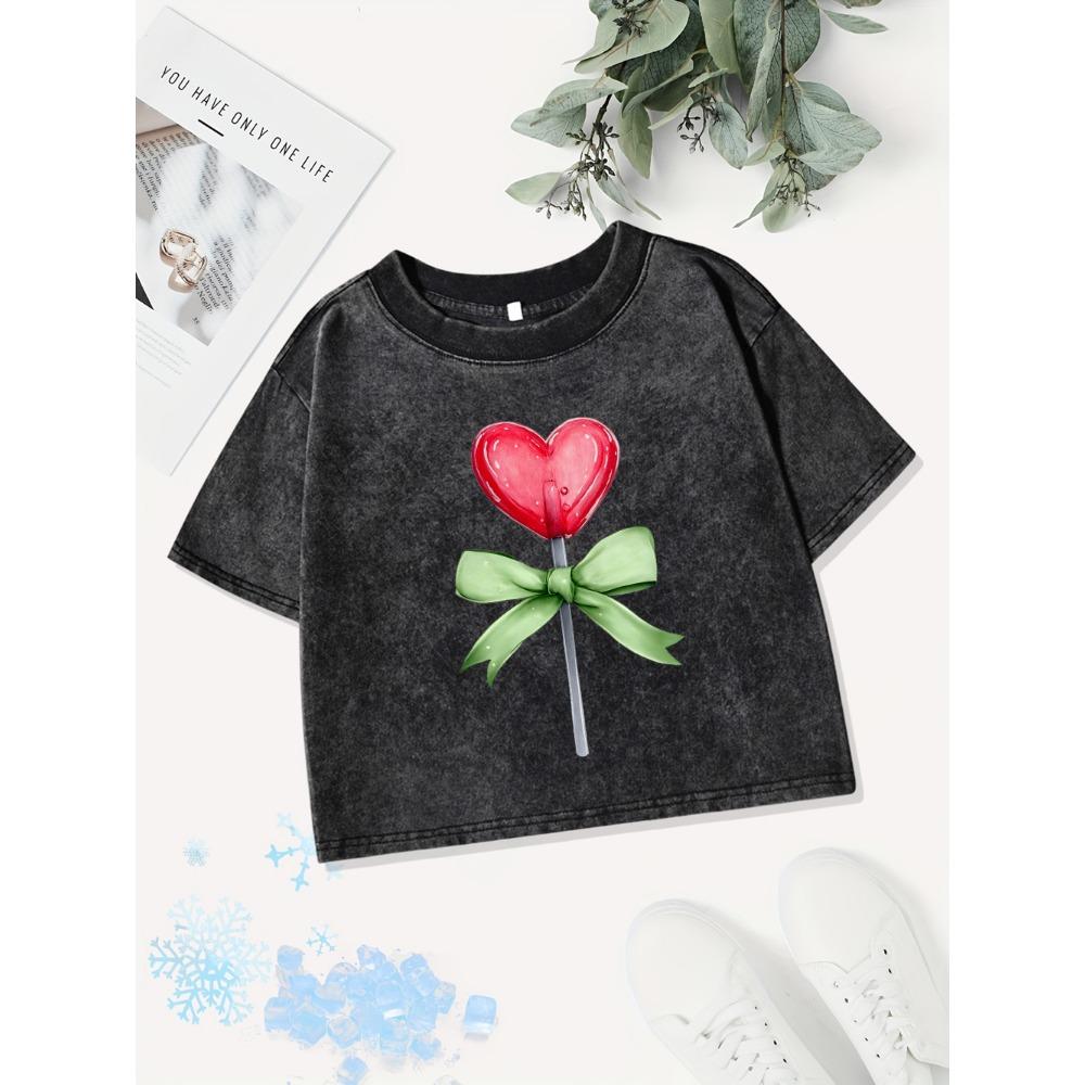 Casual Cotton Crop Tops Womens Love Candy Bows Prints Washed T-Shirts Distressed O-Neck Summer Clothes