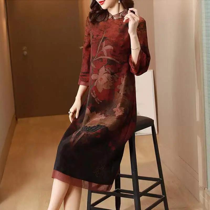 Rochie Cheongsam în stil chinezesc pentru femei, cu temperament de vară, fustă elegantă în linie A pentru mamă, cu guler ridicat, care acoperă burtica