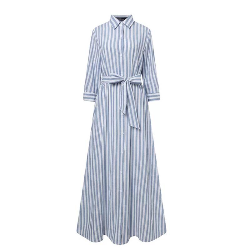 Robe Maxi Chemise rayée pour femme avec ceinture Col à revers Manches longues Boutonnée sur le devant Fente Robe longue Décontractée Ample Robes de Vacances