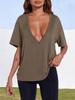 T-shirt estiva da donna con scollo a V profondo, manica corta, vestibilità larga, basic