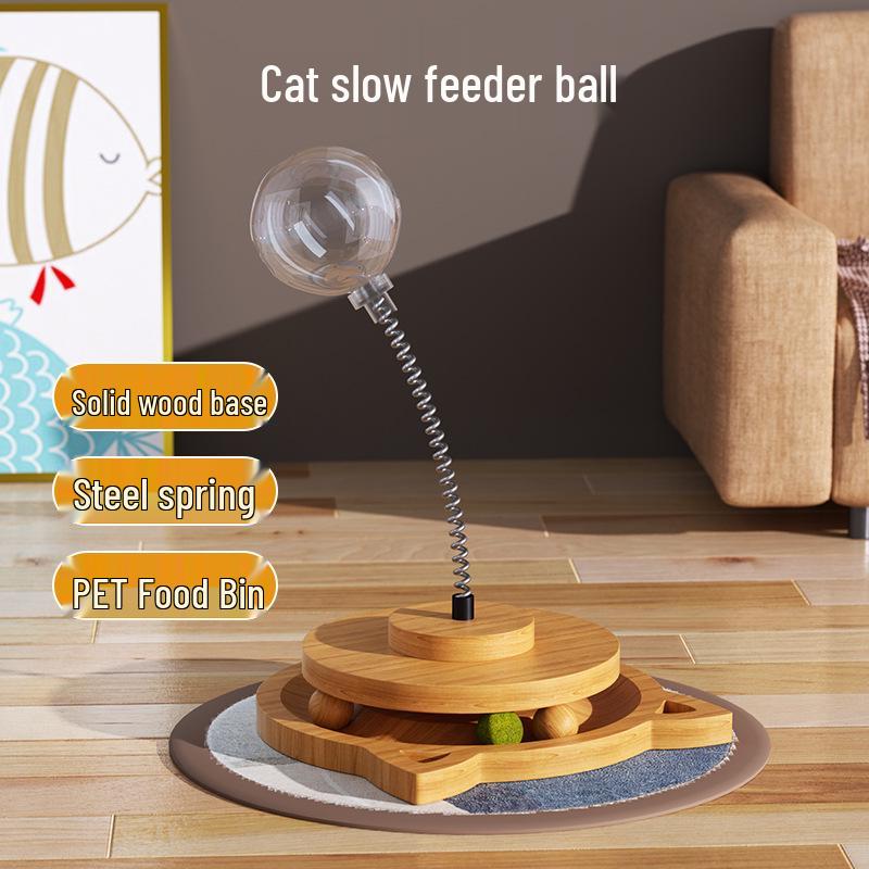 Solid Wood Rotating Catnip Ball and Teaser Wand Set - Cat Food Dispenser & Toy