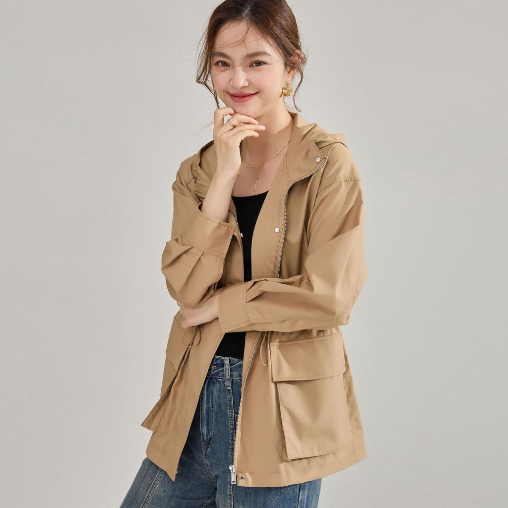 Spring New Loose Casual Tooling Wind Hooded Jacket Drawstring Waist Thin Cotton Short Trench Coat 15786