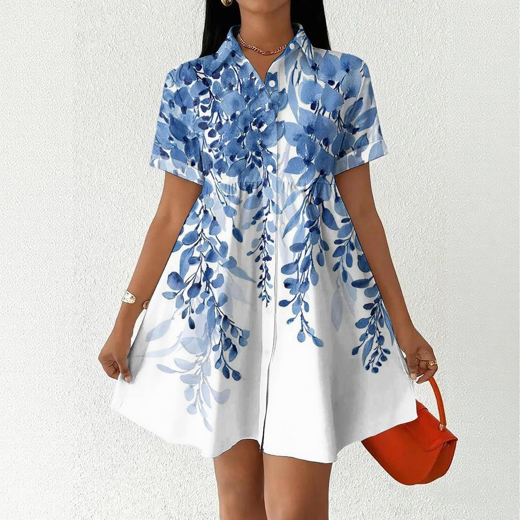 Women's Casual Loose Fit Shirt Dress Button Front Short Sleeve Collared Dress with Floral Print Suitable for Daily Wear and Outdoor Activities