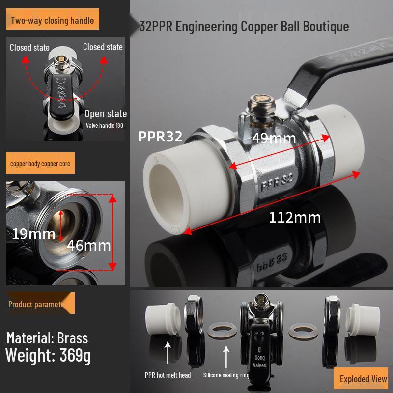 4-Point Double Union 20PPR Stainless Steel Ball Valve for Household Water Pipe Fittings