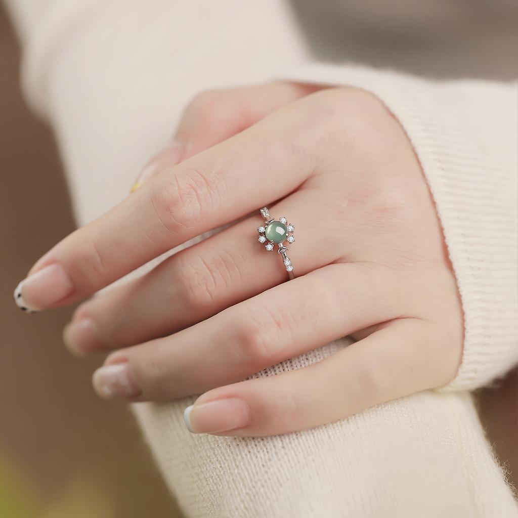 S925 Sterling Silver Ring Inlaid with Dangerous Material Natural Jadeite Blue Water Sunflower Ring Female Live Design
