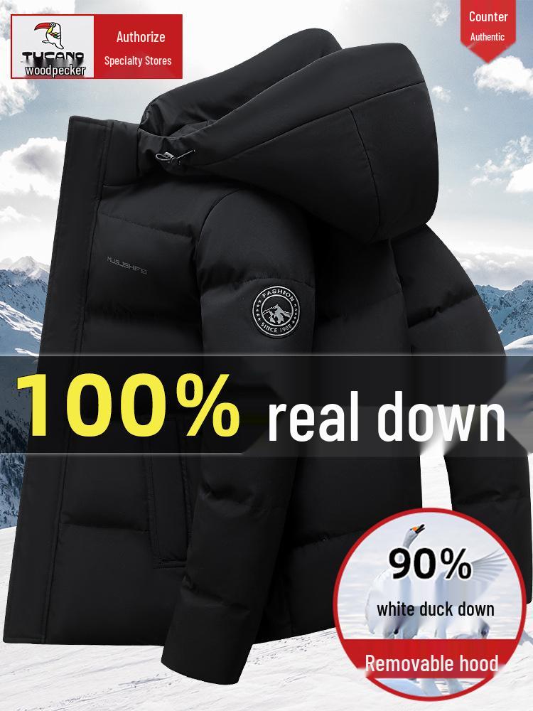 Męska zimowa kurtka puchowa Woodpecker o średniej długości - Pogrubiona, ciepła odzież wierzchnia dla osób w średnim wieku i starszych