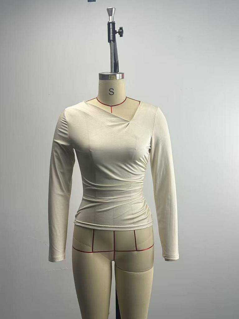 European V-neck Slim-fit Women's Long-sleeve T-shirt - Casual Solid Color, Spring/Autumn Fashion 2025.