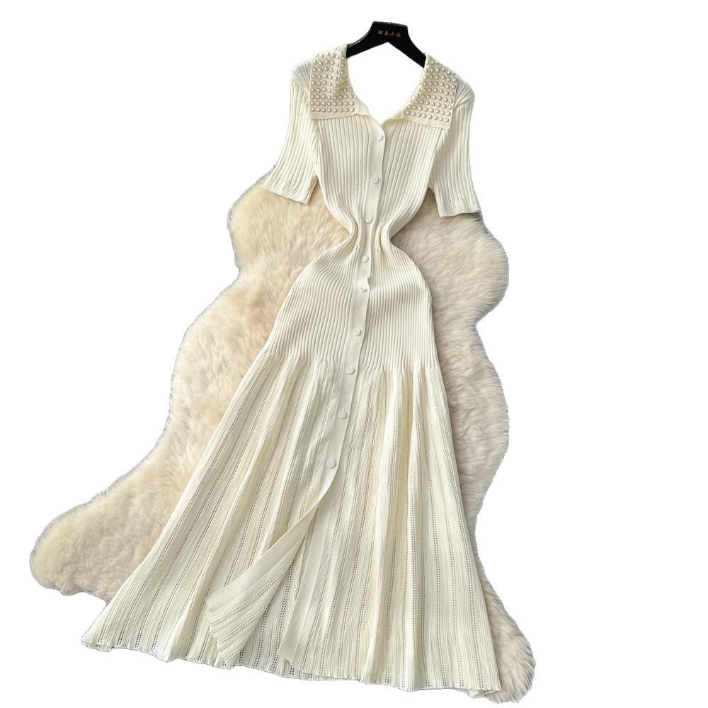 French Retro Foreign Celebrity Heavy Industry Bead Lapel Short Sleeve Single-breasted Waist and Thin Temperament Knitted Dress