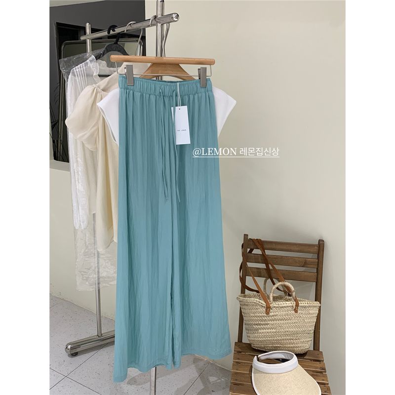 

Lazy Lake Blue Wrinkle Thin Loose Drawstring Pants Blue Ice Silk Pants M