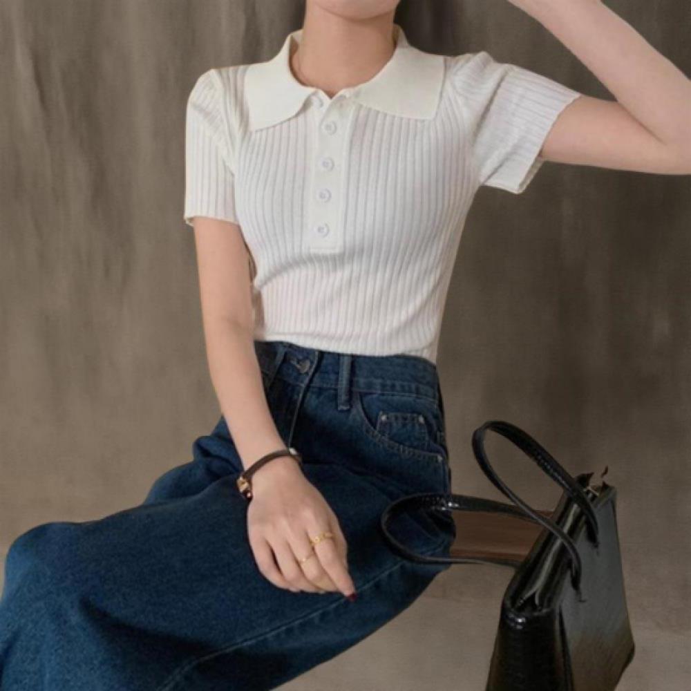 New ArrivalS Open Run Women Multi Color Rib Slim Fit Collar Neck Button Short S