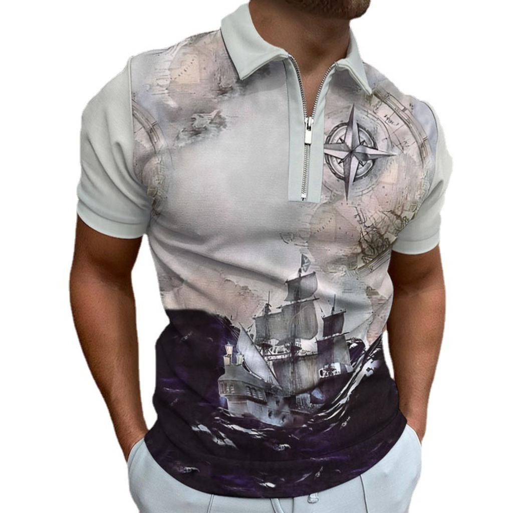 Herren Sommer Retro Muster Kurzarm Poloshirt, Lässiges Tägliches Baumwoll Poloshirt, Heißes Mode Streetwear Oberteil